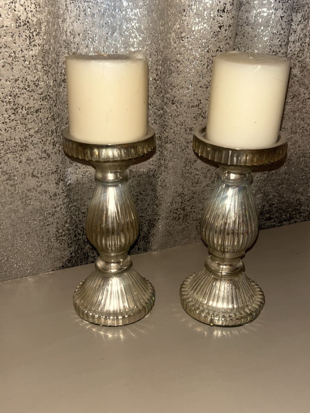 Silver Glass Pillar Candle Holders - Set of 2